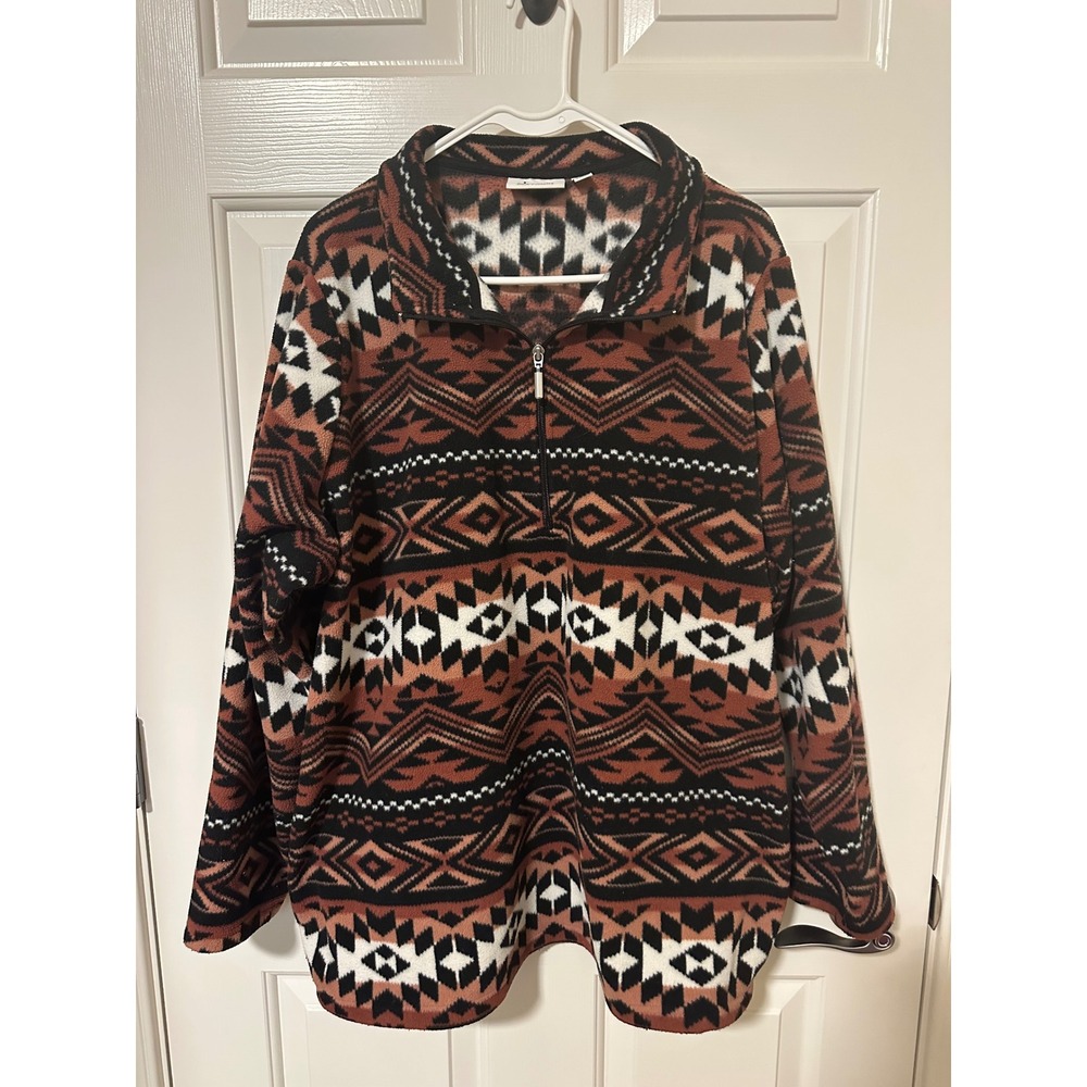 Denim & Company Fleece Pullover Womens 2X Brown Aztec Geometric Quarter Zip Top - Picture 1 of 6